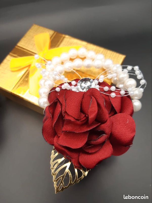 Parrure Bracelet Boutonnière rose rouge perles (image 6)
