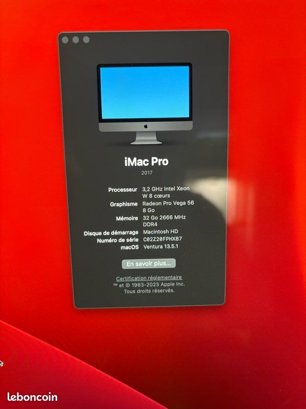 iMac Pro 27 Processeur 8 coeurs Intel Xeon W à 3.2Ghz 1To SSD 32Go