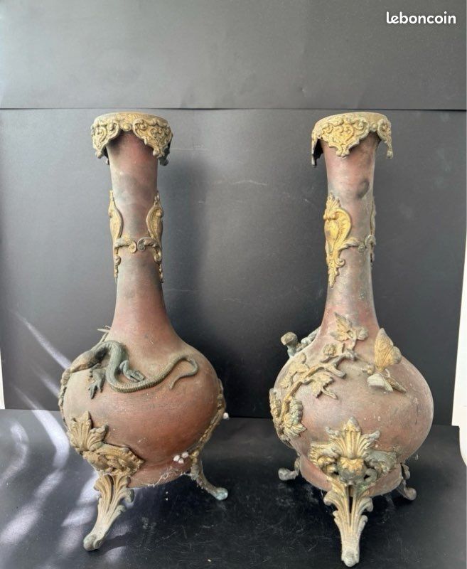 RARE Antique Napoleon III Japonisme Vases Pair Bronze Lizards Papillon France (image 20)