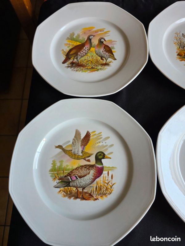 Lot de 6 assiettes plates octogonales décor chasse / gibier - 25,5 cm (image 4)