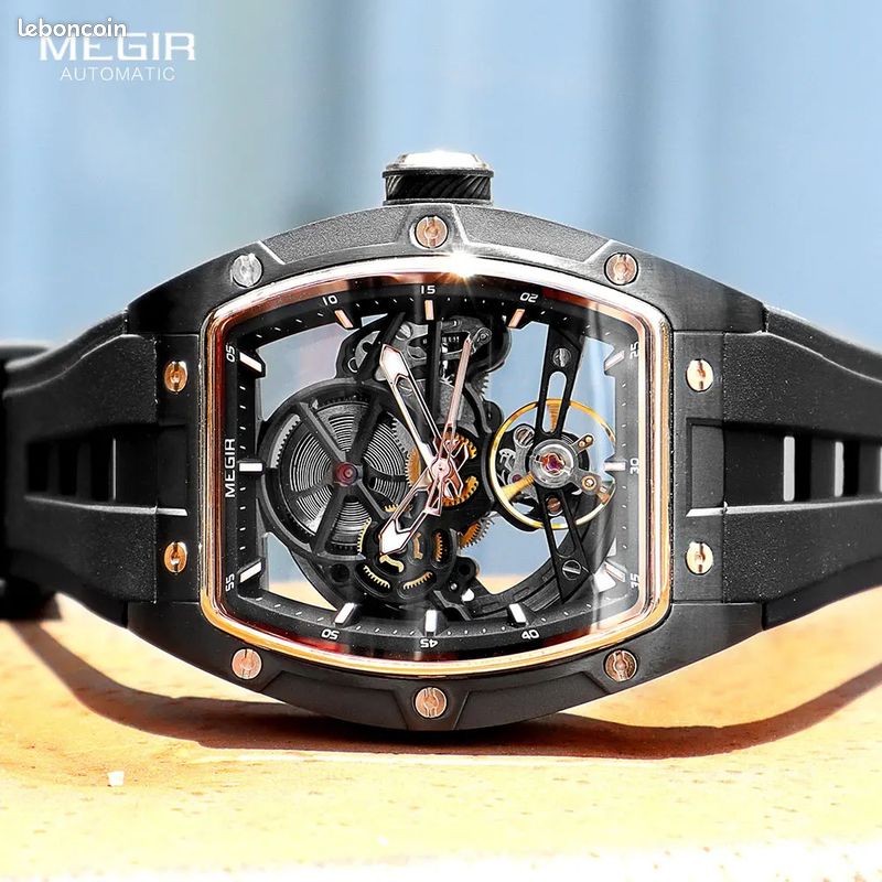 ✅ Montre MEGIR Automatique Homme – Cadran Tonneau – Sport & Élégance – Bracelet Silicone Noir (image 1)