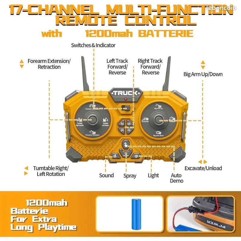 Excavateur Télécommandé Daioller - Jouet RC Hydraulique Avec Lumière Et Son Pour Enfants 3+ - 60 Min De Jeu