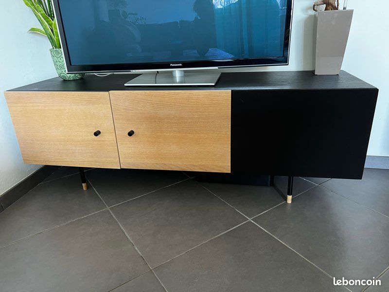 Meuble TV 3 Portes "Jugend" 150cm Chêne & Noir (image 1)