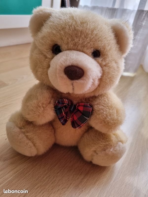 Ancienne peluche ours beige marron blanc noeud papillon 30 cm chez vous dès demain