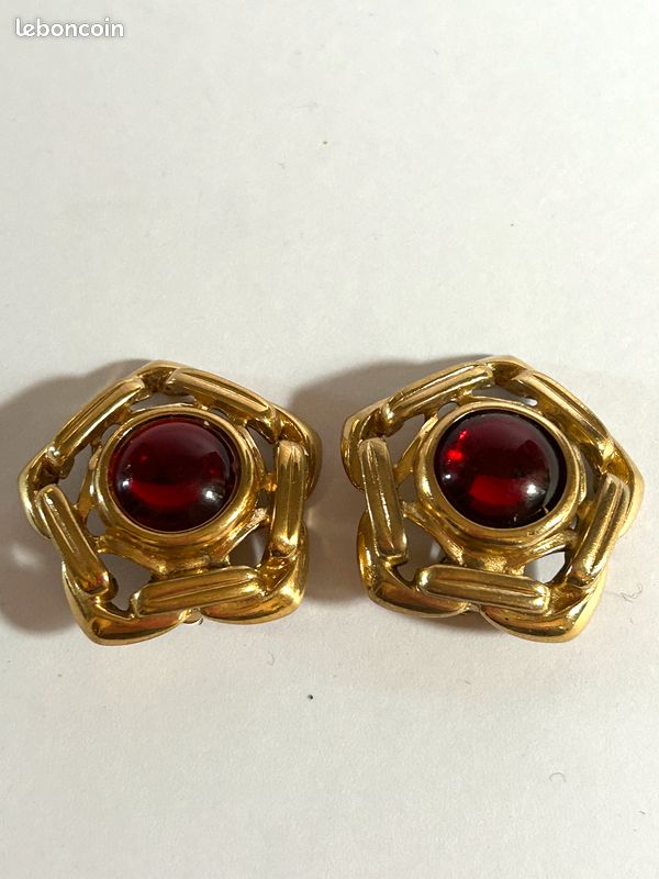 Boucles D'oreilles Clips Vintage Or Avec Cabochon Rouge Pailleté - Modèle 5140, Occasion