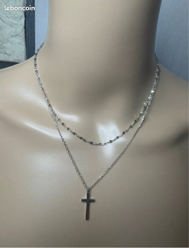 Collier Double Femme Argenté Avec Pendentif Croix - Style Chapelet - Longueur 41-45 Cm - Neuf Avec étiquettes