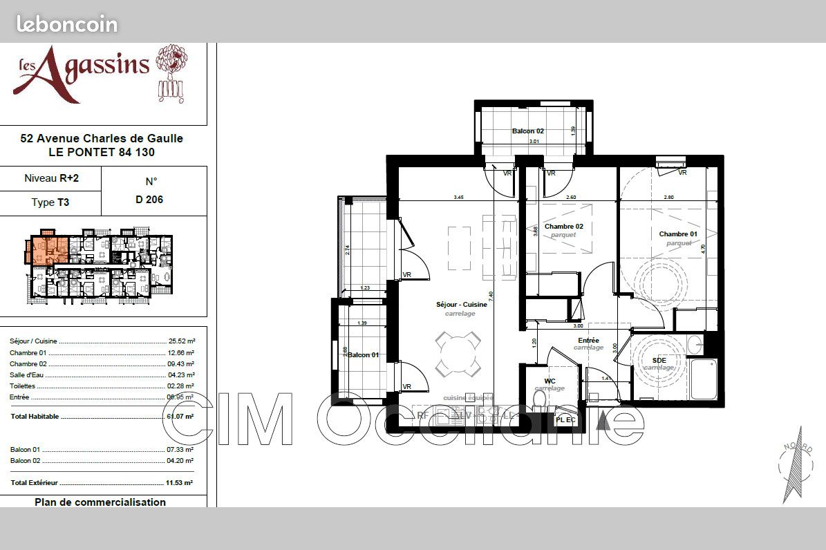 Appartement 3 pièces 61 m² · au Pontet · 61 m² · 860 €/mois