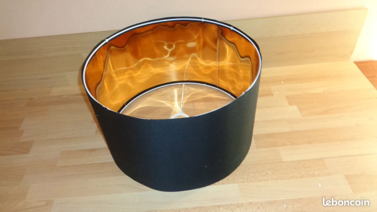 Abat-jour Tambour Noir Doublure Dorée - Fait Main - Pour Suspension, Lampe De Table E27