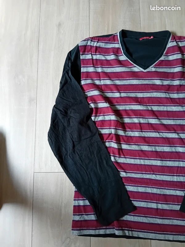 T-shirt manches longues Tissaia XXL – Rayé bordeaux & gris – Col V (image 3)