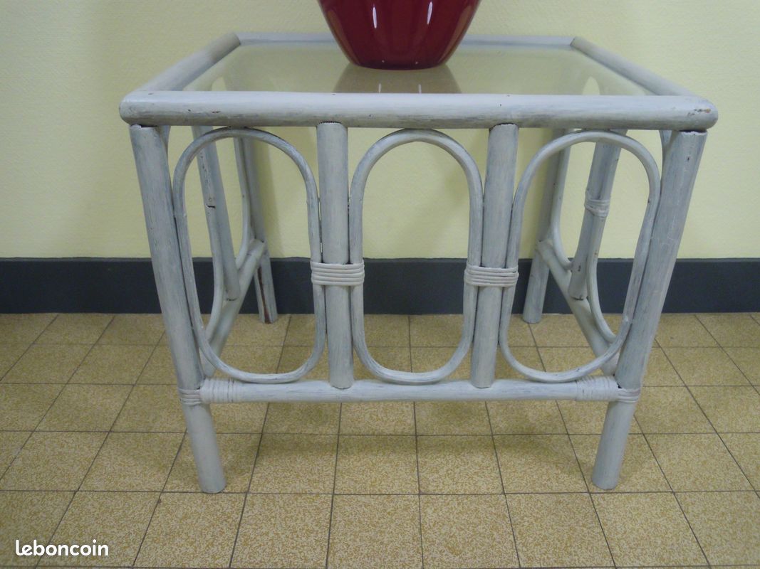 Petite table en ROTIN + VERRE veritable BE (image 1)