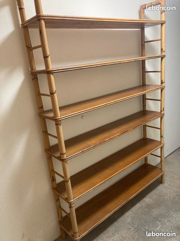 Rare Bibliothèque ancienne en bambou et rotin, 6 étagères -180x120x26 cm - Vintage Années 1960 (image 1)