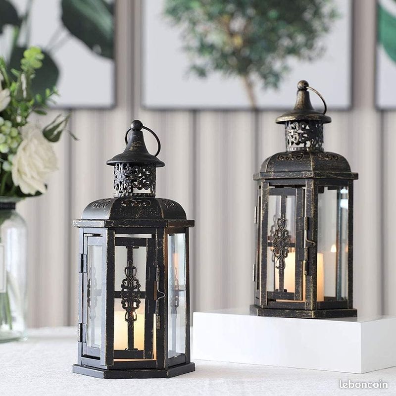 JHY DESIGN Set de 2 lanternes décoratives-25cm Haute Lanterne Suspendue de Style Vintage, bougeoir en métal pour intérieur extérieur, événements, fêtes et Mariages (Noir avec Pinceau doré) (image 3)