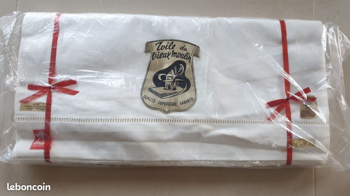 Drap Ancien Métis MONOGRAMME Brodé - Bleu, Pour Lit 140, Lavable Machine (France)