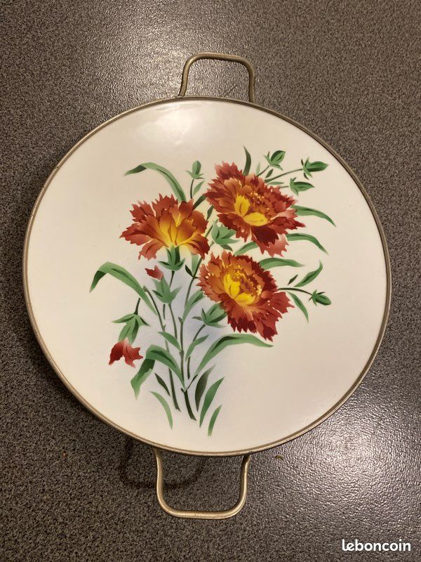 Ancien Plateau De Service En Céramique Vintage - Couleur Jaune/blanc