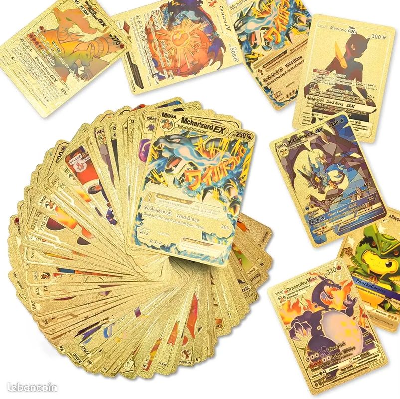 55 Cartes Pokémon Or 24K – Collection Rare Dracaufeu GX VMAX – Feuille D’Or Gravée Laser – Idéal Cadeau Collectionneur