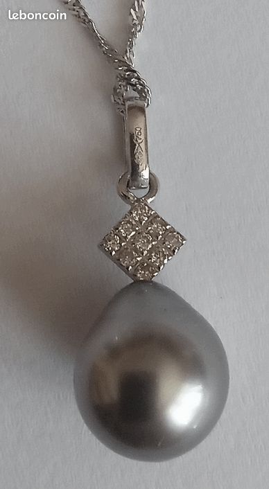 Pendentif Perle De Tahiti Grise 8,5mm Sur Or Blanc 18K - Occasion Très Bon état