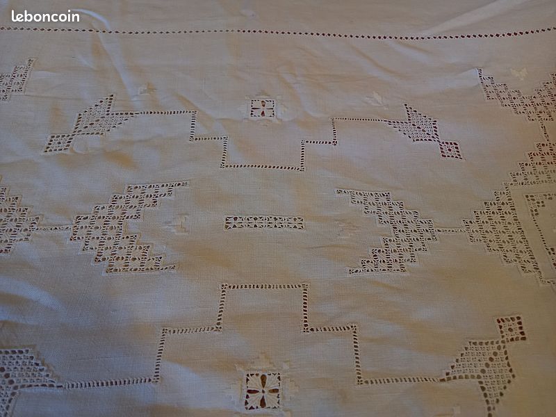 Grand Drap Ancien En Lin Blanc 100% - Monogramme RM - 320x225 Cm