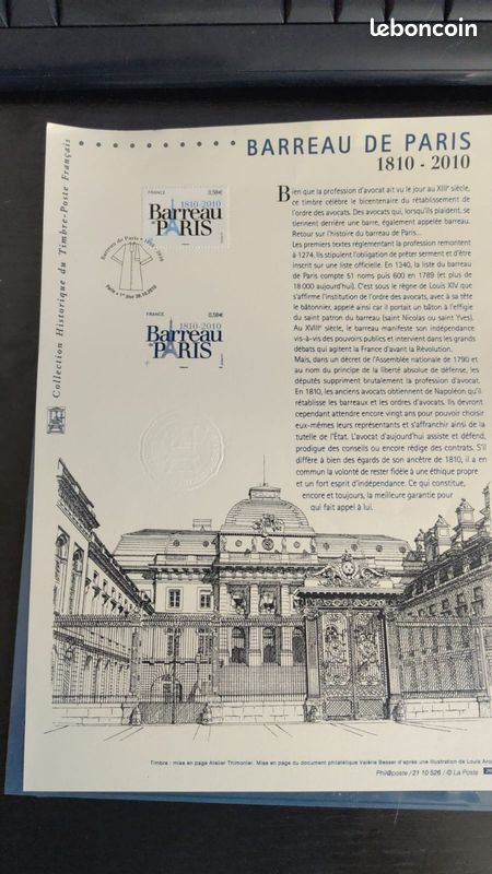 Timbre : document philatélique 1er jour Barreau de Paris (image 1)