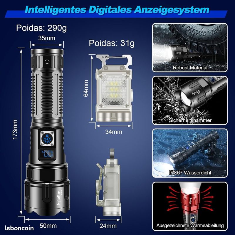 Grande lampe de poche tactique LED rechargeable - 5 000 mAh, 50 000 lumens, 5 modes