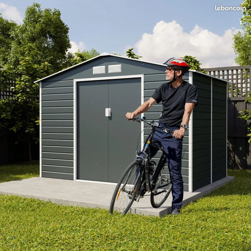 Abri de jardin en métal gris 8,84m² + kit ancrage Abri jardin métallique rangement bois outillage (image 1)