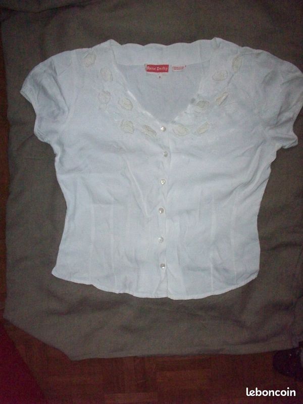 Chemisier Rodier Vintage Blanc Dentelle - Taille 40, Polyester, Manches Courtes, Occasion Parfait état, Made In France