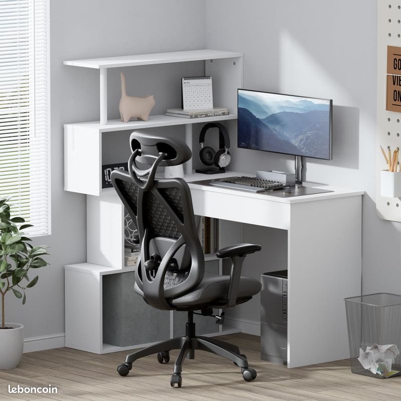 Bureau Blanc Angle Bois avec Méthode Placement + Rangements + Place Ordinateur Informatique + Étagères Quatre Niveaux Chambre Bureau Salon (image 4)