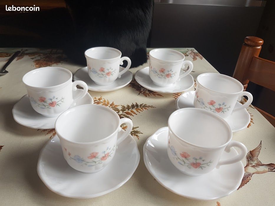Lot De 6 Tasses à Café Arcopal – Motif Floral Vintage – Verre Blanc