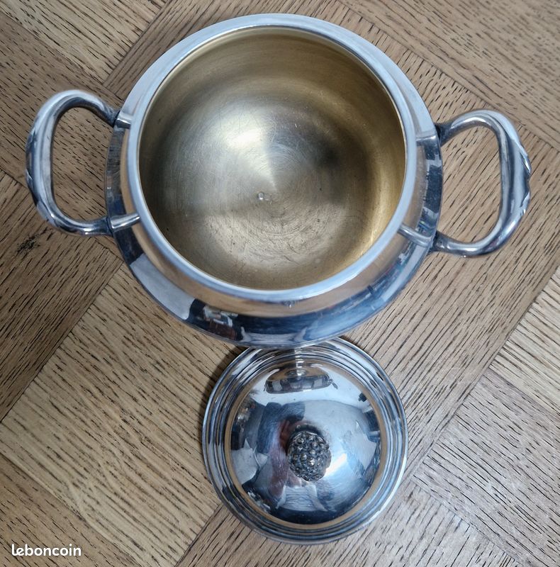 Sucrier Ancien Art Nouveau - Bonbonnière Avec Cuillère - Motif Camomille - Argenté
