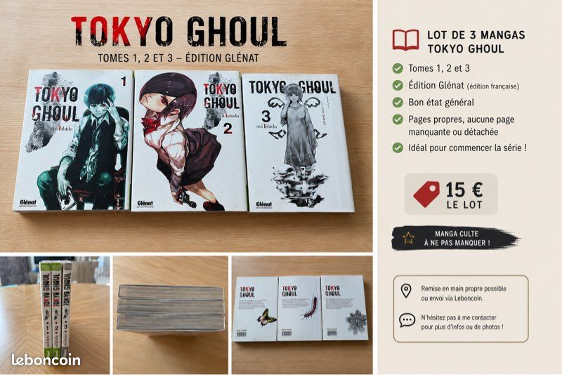 Lot Tokyo Ghoul tomes 1, 2 et 3 – Glénat – Bon état (image 1)