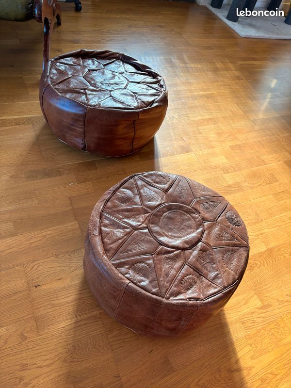 2 poufs marocains en cuir véritable vintage (image 1)