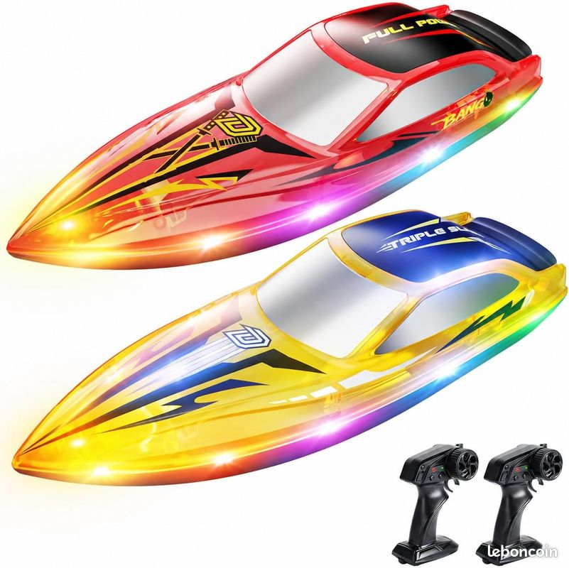 Acheter Bateau télécommandé, 2,4 G 20 km/h, haute vitesse, étanche, direction flexible, télécommande, bateau de vitesse avec lumières LED, double moteur