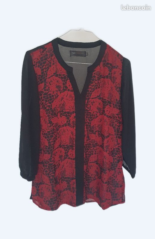 Blouse manches 3/4 noir/rouge foncé BPC (image 1)