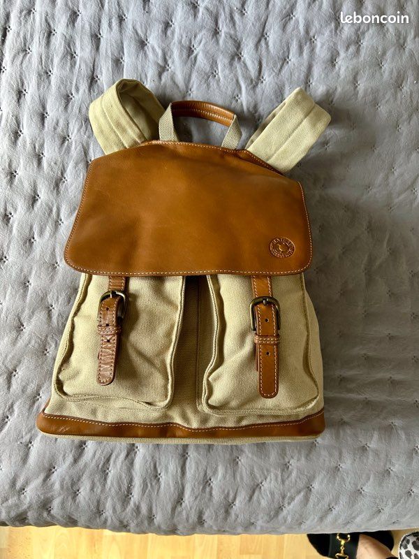 Sac à dos vintage marque nature et découvertes cuir et coton (image 2)