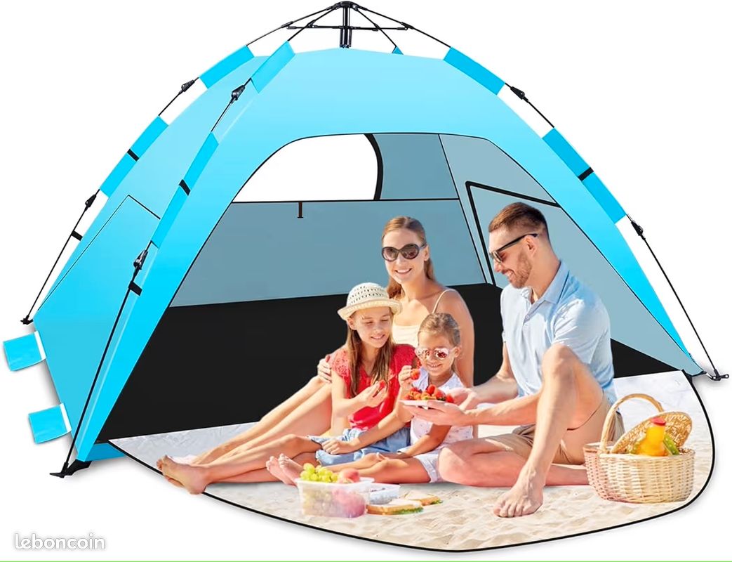 Tente De Plage Pop-up Glymnis – 2-4 Personnes – Protection UV50+ – Coupe-vent – Bleue
