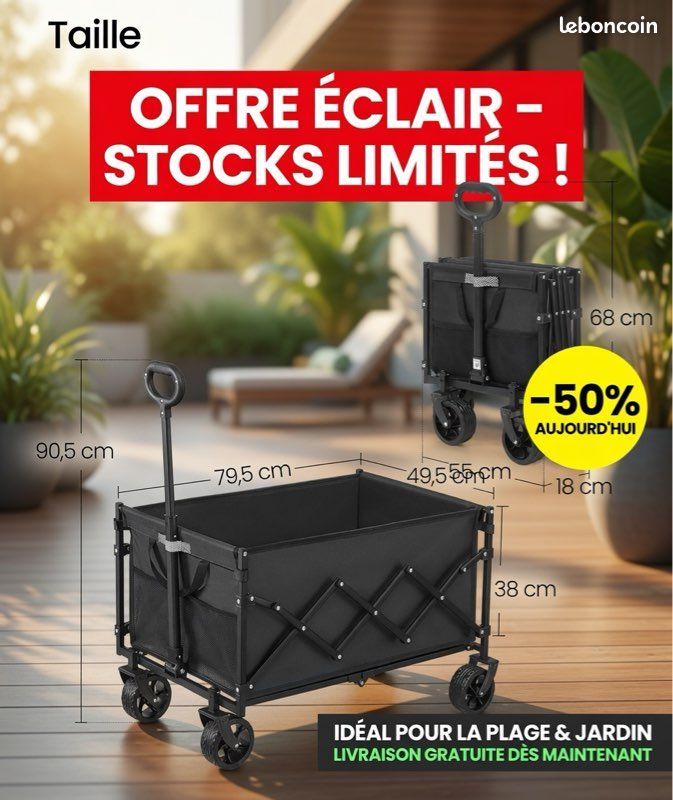 Chariot de Transport Pliable 150L 120kg - Camping Jardin Courses - 4 Roues 360° Compact Noir (image 8)