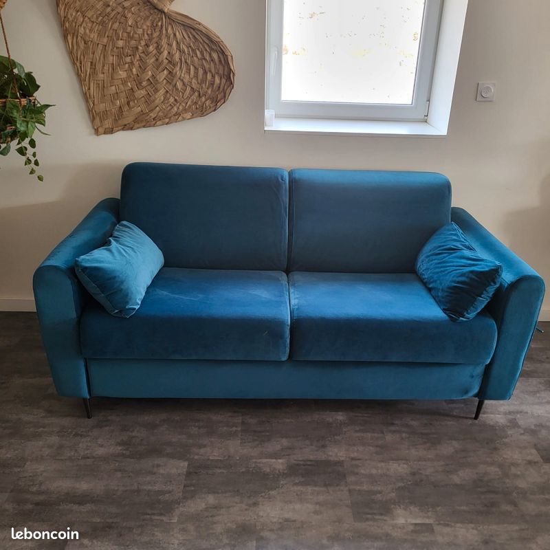 Canapé convertible 3 places en velours bleu foncé CHESTERFIELD