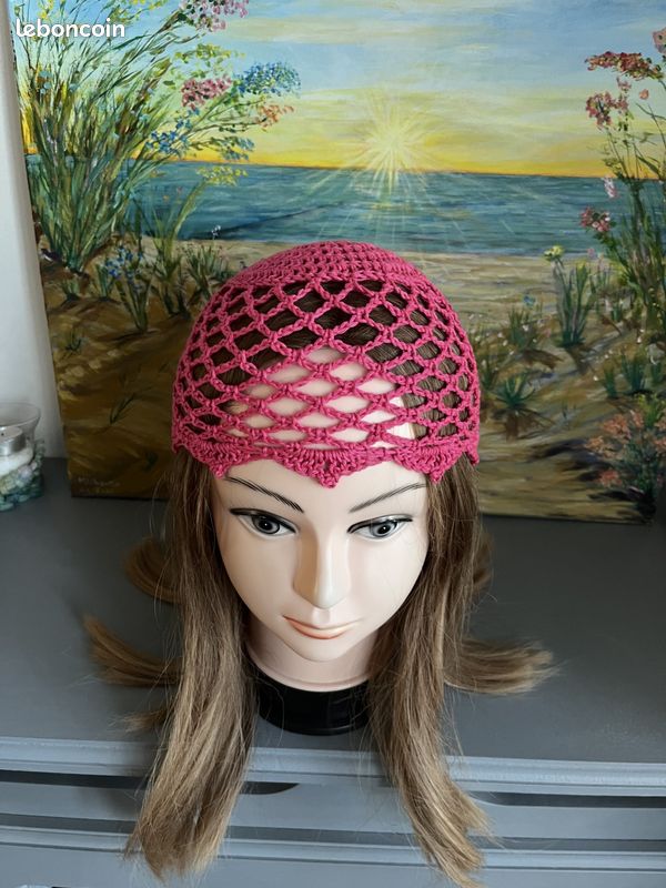 Chapeau bonnet Toque hat hut hoed hattur gorro cappello cap Kappe dop caipín berretto boné headpiece Coton Rose Fuchsia Taille unique Fait main crochet Handmade D'autres couleurs disponible (image 1)
