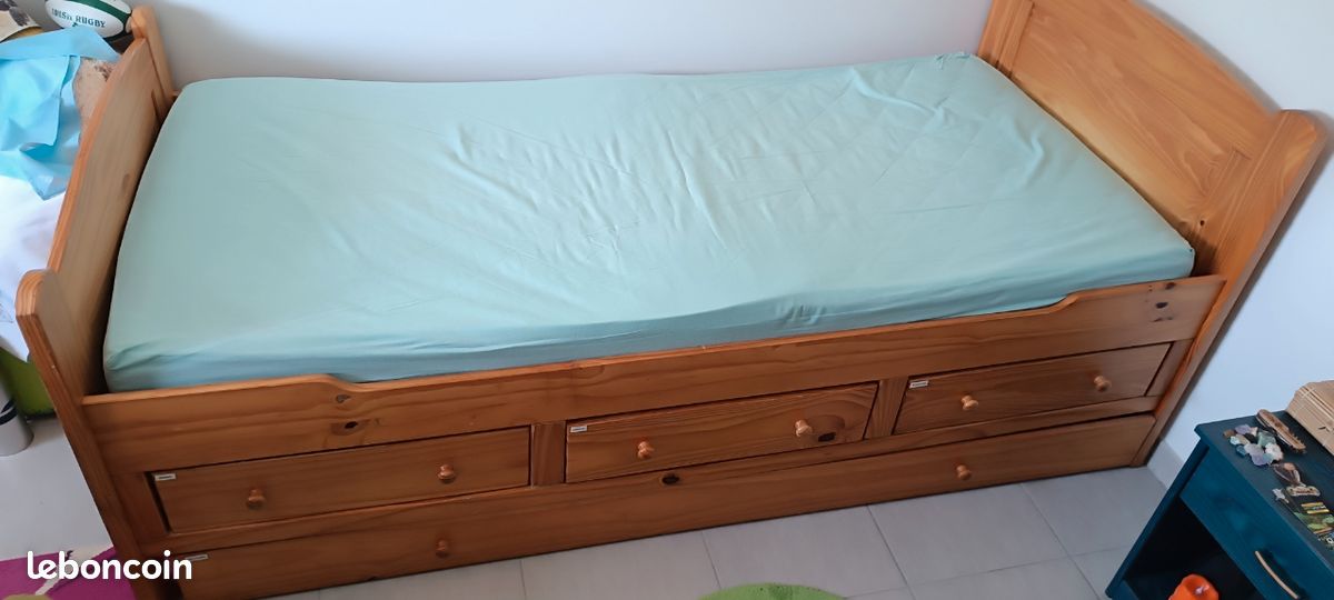 Lit bois brut simple 90x190 (gigogne 2 couchages) (image 1)