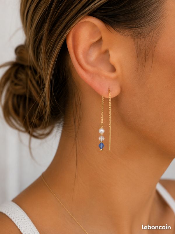 Boucles d’oreilles dorées – Perles nacrées & cristaux bleus (image 1)