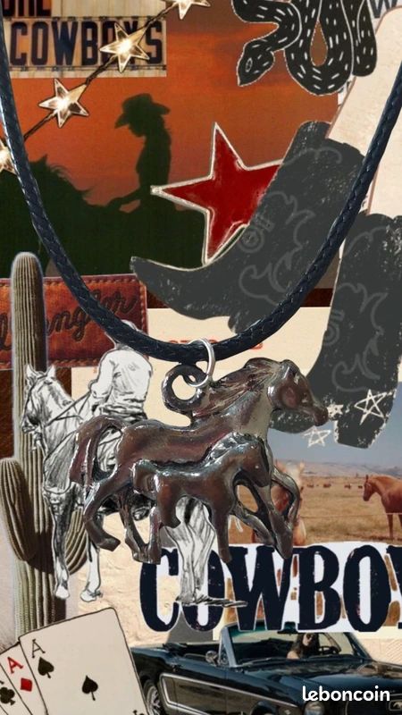 Collier cordon noir pendentif cheval argent – Y2K / Cowgirl / Western 2000's / Wild spirit (image 1)