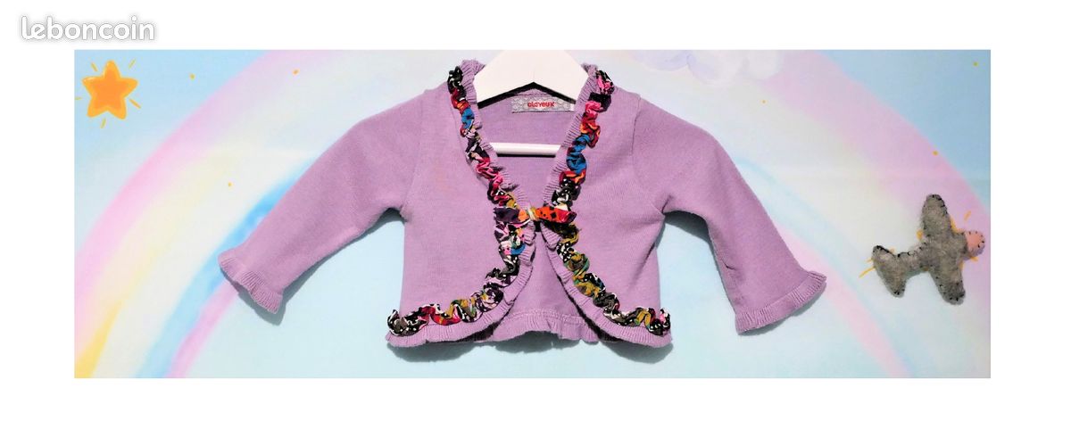 Gilet violine léger aux froufrous de la maison Clayeux, Taille 6 mois (image 1)
