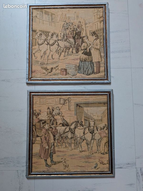 Paire de tableaux tapisseries imitation Aubusson - Format 26x26 (image 1)