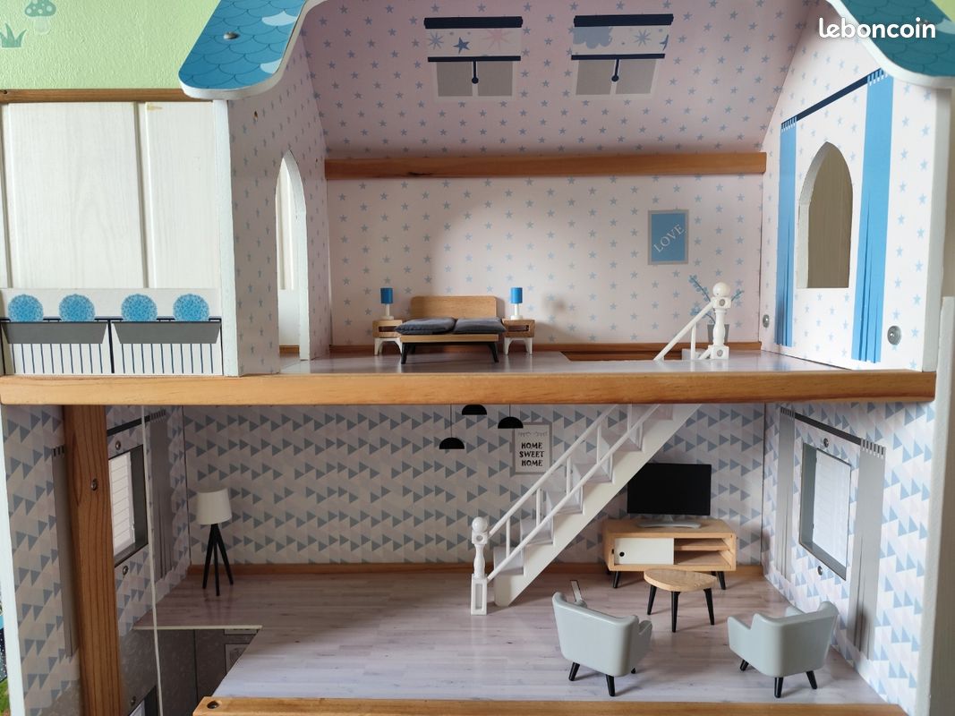ROBOTIME Maison de poupée en bois rose de style vacances avec 6 pièces, ensemble de meubles