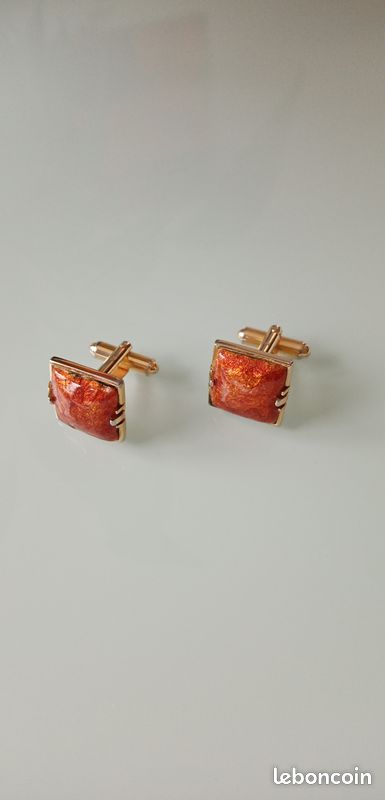 Boutons De Manchette Vintage Krementz Or Et Rouge - Référence Brevetés 52016, Occasion En Bon état
