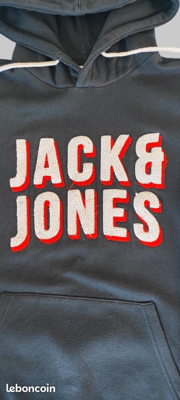 Sweat Capuche Jack And Jones L Noir Logo Brodé Rouge Blanc Hoodie