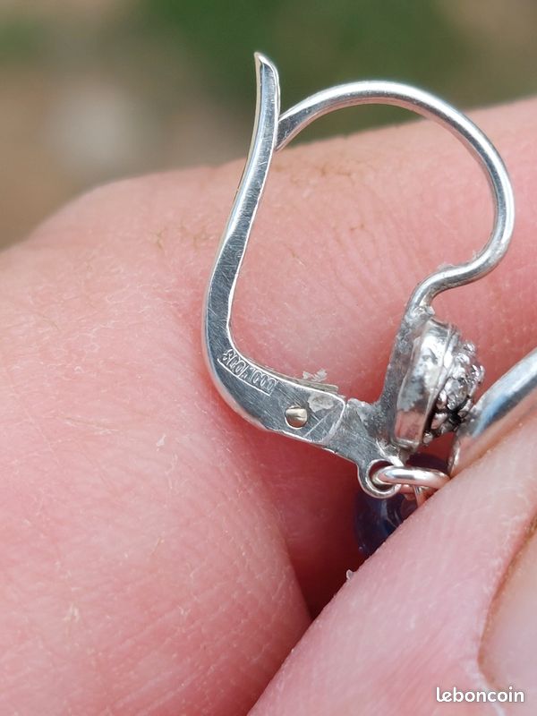 Boucles D'Oreilles Dormeuses Anciennes En Argent 800 - Avec Pierre Noire (Pâte De Verre), Occasion