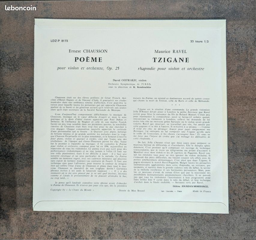 Disque Vinyle Rare : Ravel - Tzigane / Chausson - Poème (David Oistrakh, Kondrachine) (image 2)
