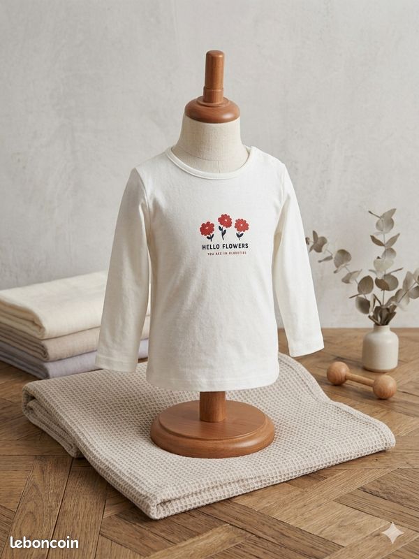 T-shirt manches longues blanc Kiabi "Hello Flowers" - 3 mois (image 1)