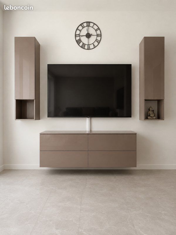 Ensemble meuble TV Miliboo + 2 colonnes murales – Taupe brillant (image 1)