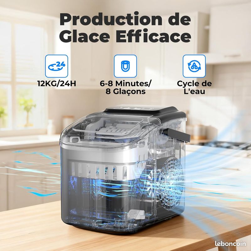 Machine à Glaçons Portable - 12kg/24h, 8 Glaçons En 6-8 Min, Autonettoyante, Avec Cuillère, Pour Maison Et Extérieur